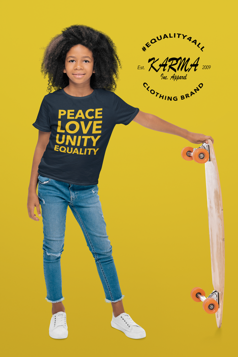 Karma Inc Apparel  Kids T-Shirts "PEACE LOVE UNITY EQUALITY" Maize And Blue Premium Organic Cotton Kids T-Shirt