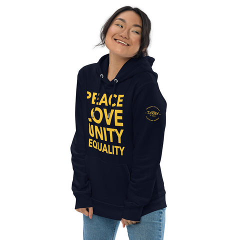 Karma Inc Apparel  "PEACE LOVE UNITY EQUALITY" Maize And Blue Preimum Organic Cotton Unisex Hoodie